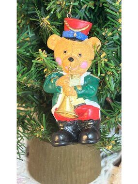 Nostalgic Teddy Bear Soldier Playing Trombone Christmas Ornament Se